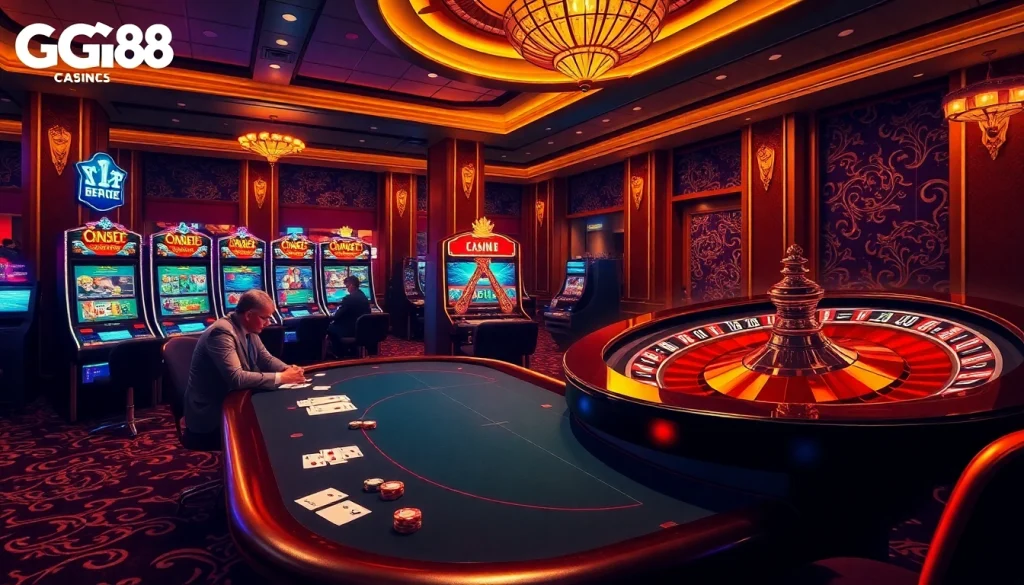 Engaging casino scene showcasing GG88 with high-stakes poker and vibrant slot machines.