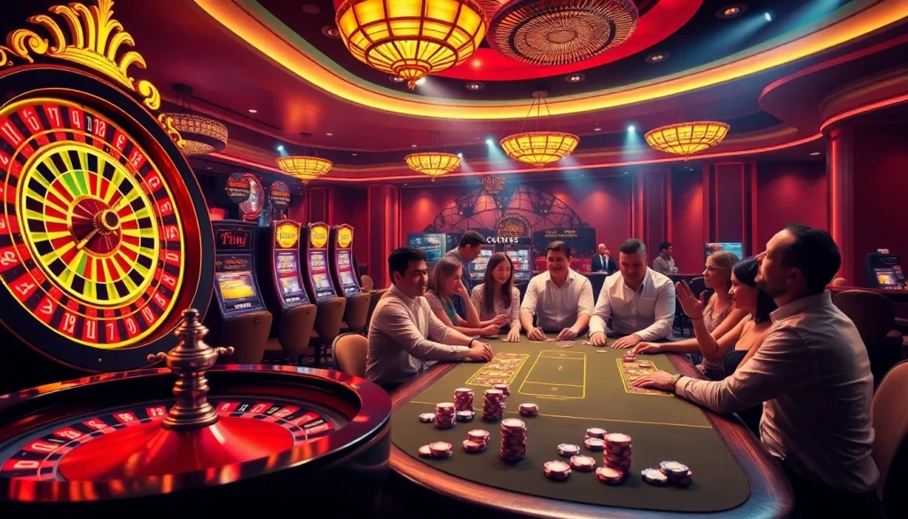 Players enjoying a thrilling moment at TV88 casino with poker chips and a spinning roulette wheel.