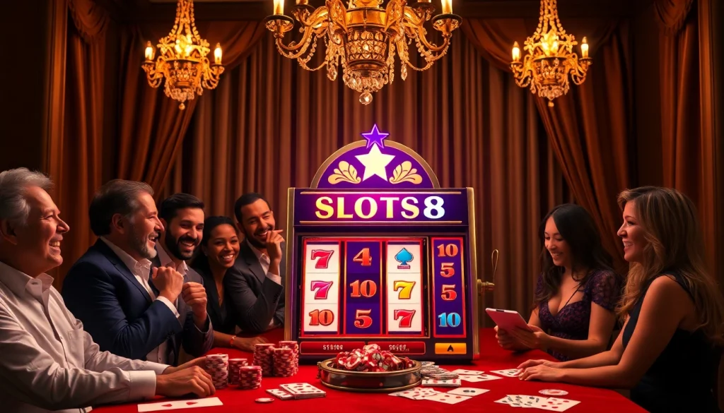 Players celebrating their wins at the SLOTS8 themed slot machine in a luxurious casino atmosphere.