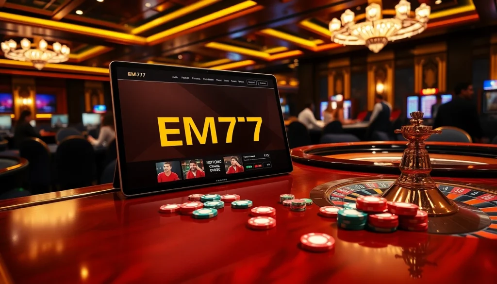 Engage with EM777's vibrant casino atmosphere featuring poker chips and a roulette wheel.