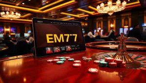 Engage with EM777's vibrant casino atmosphere featuring poker chips and a roulette wheel.
