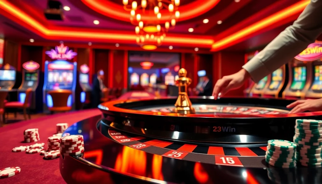 Experience the thrill of 23Win's luxurious casino atmosphere with roulette and poker action.