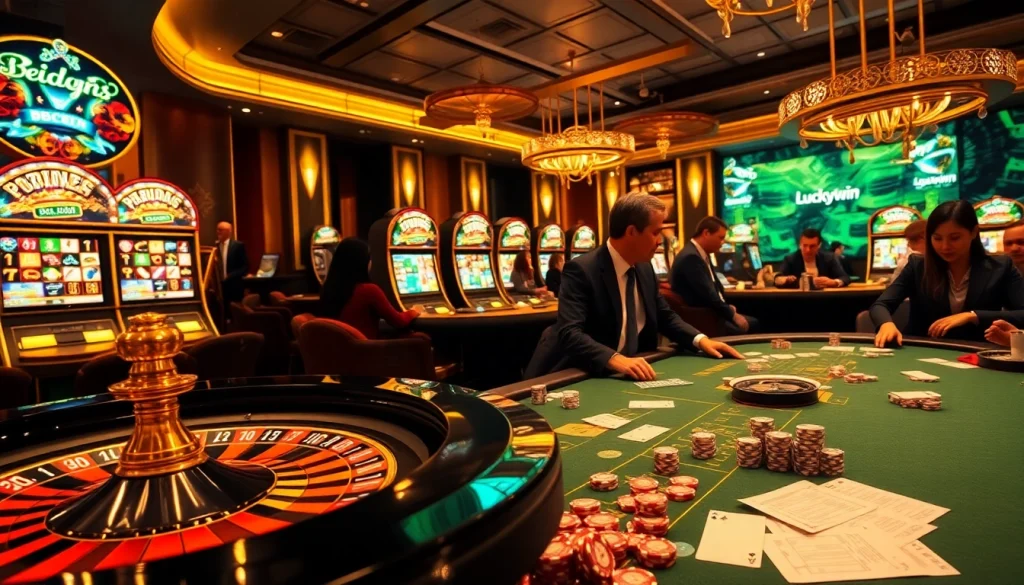 Experience the thrill of gaming at Luckywin casino with players enjoying Roulette and Blackjack tables.