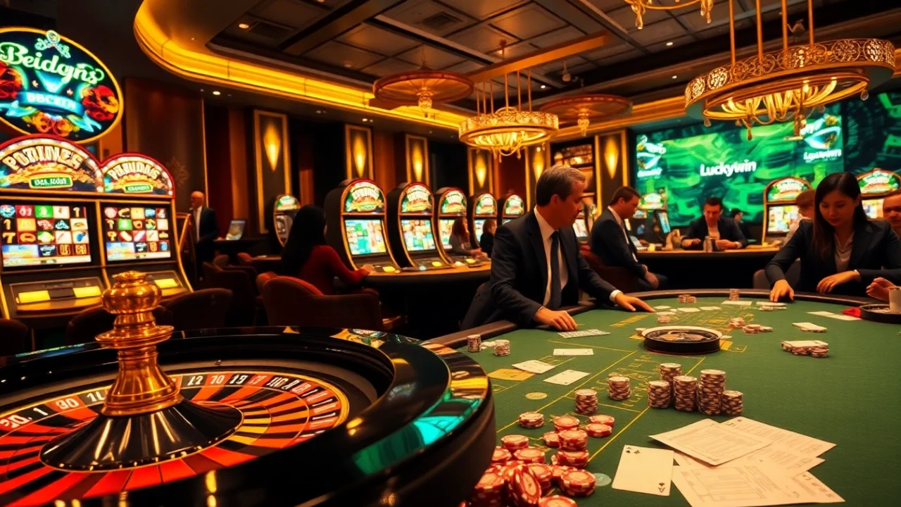 Experience the thrill of gaming at Luckywin casino with players enjoying Roulette and Blackjack tables.