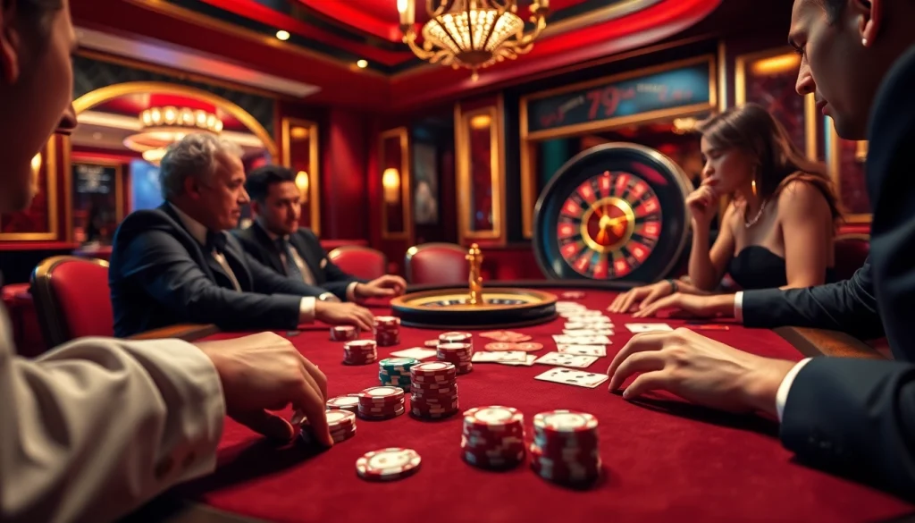 Engaging poker action at a luxurious 79king 7 com casino table with vibrant chips and cards.