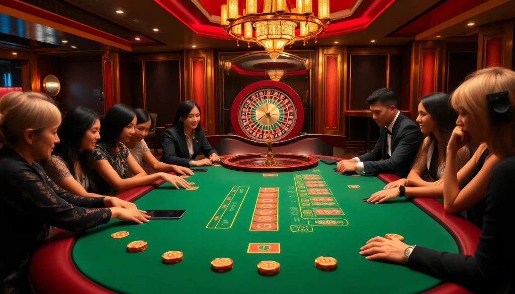 Join the excitement at hay88.deal with a luxurious blackjack table scene featuring engaging players and vibrant gaming elements.