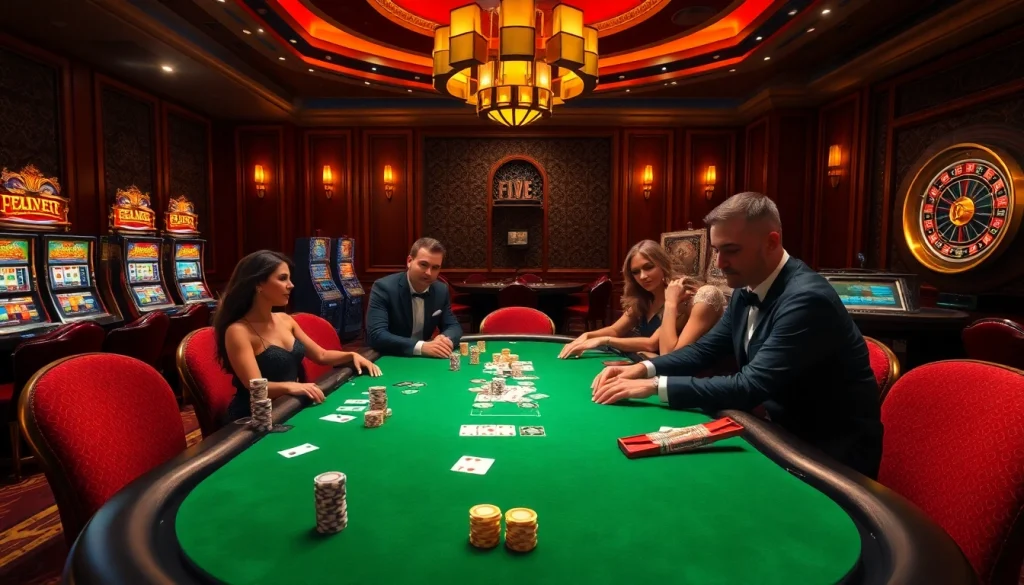 Experience the thrill of poker at FIVE88 with elegant players and vibrant casino elements.