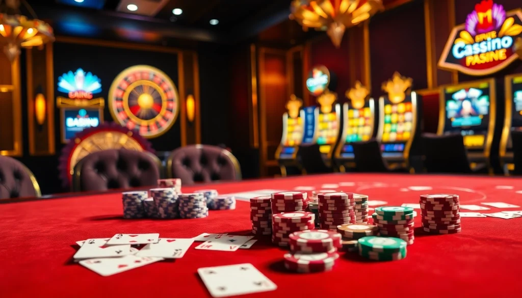 A casino night at S8 com with vibrant slot machines, cards, and roulette excitement.
