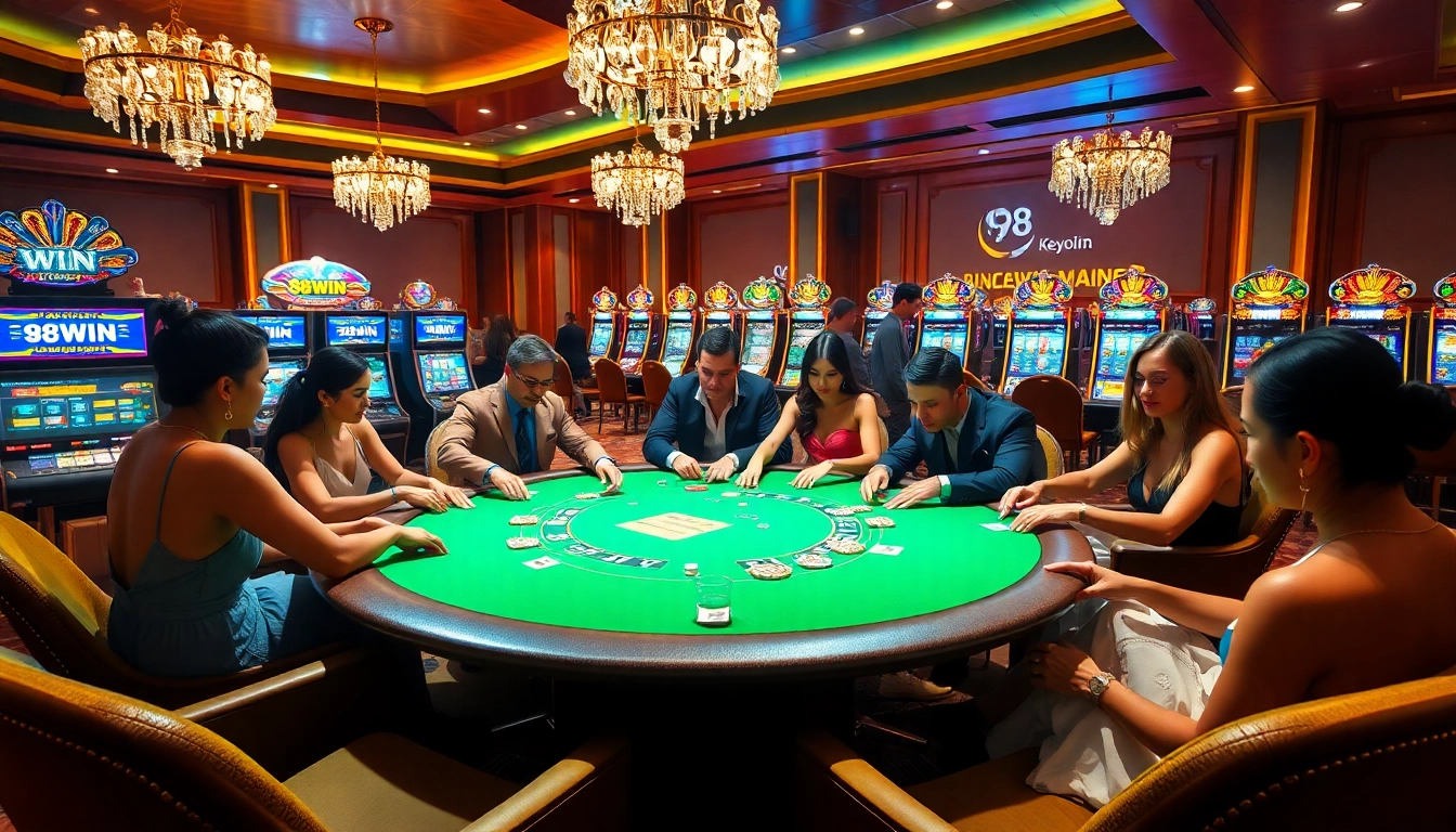 Exciting gaming action at a sophisticated poker table with 98WIN branding elements.