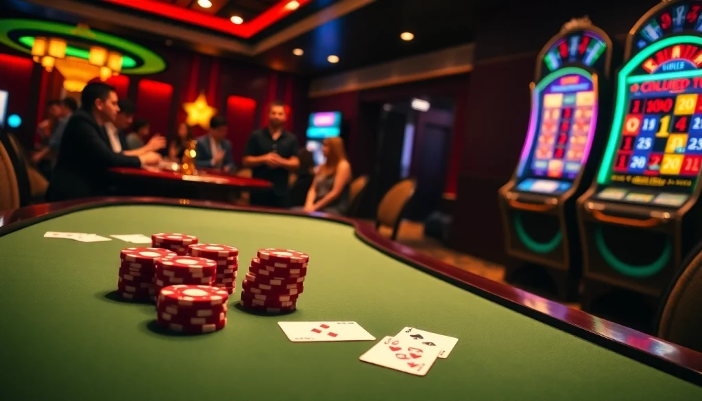 A vivid casino scene at C168 with a roulette wheel, poker table, and bright slot machines enhancing the gambling experience.