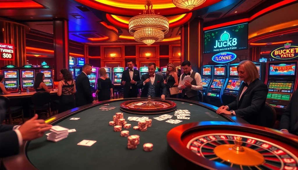 Players enjoying a high-stakes poker game at luck8 casino, surrounded by vibrant slot machines.