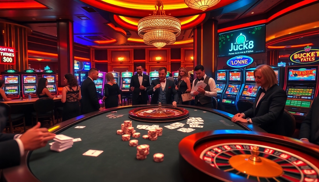 Players enjoying a high-stakes poker game at luck8 casino, surrounded by vibrant slot machines.