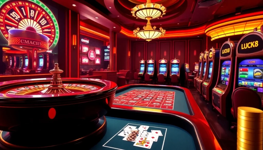 LUCK8 engaging players at a luxurious online casino with vibrant gambling elements.
