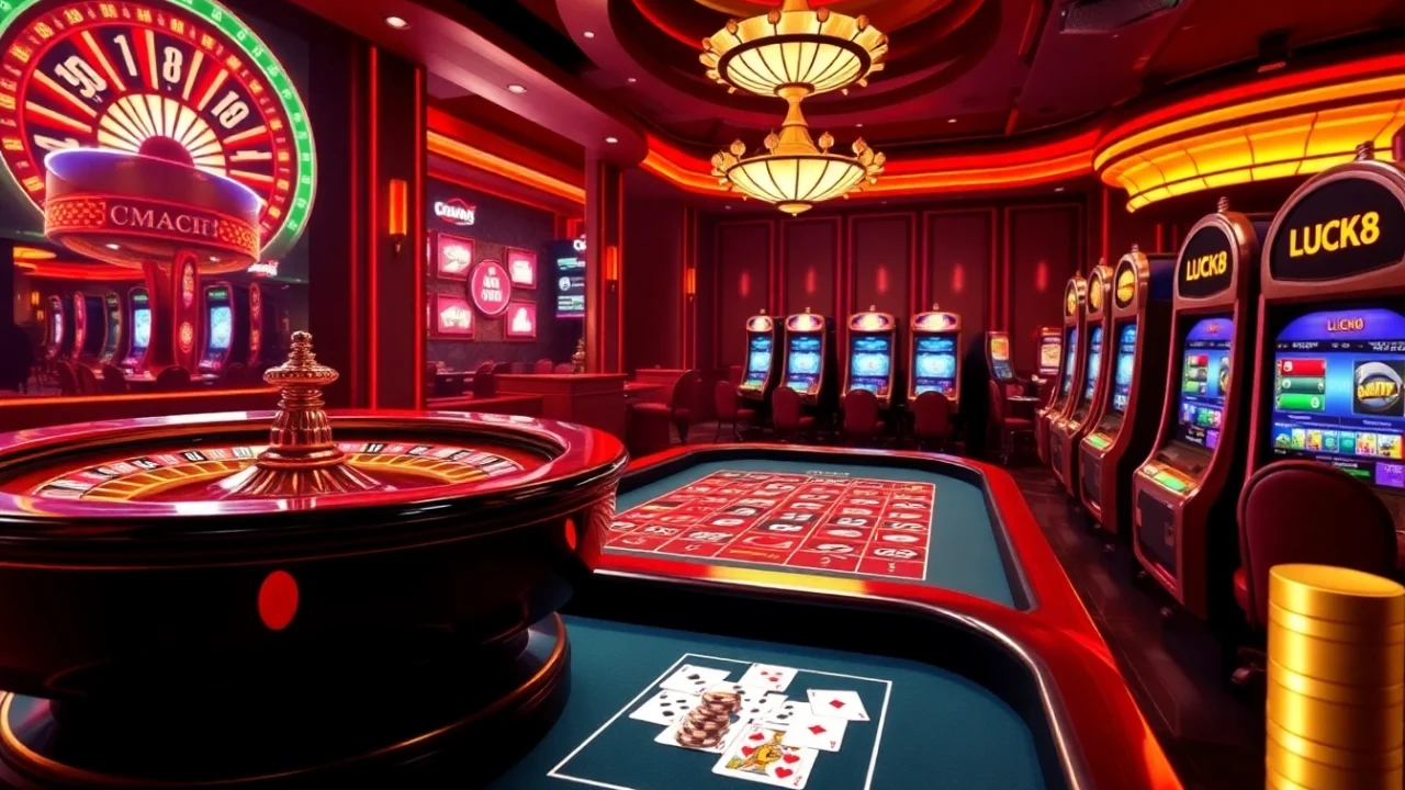 LUCK8 engaging players at a luxurious online casino with vibrant gambling elements.