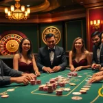 Players enjoying high-stakes poker at Luckywin casino with an elegant roulette wheel in the background.