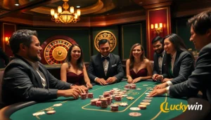 Players enjoying high-stakes poker at Luckywin casino with an elegant roulette wheel in the background.