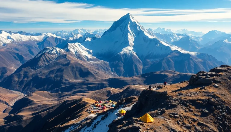 mount Everest base camp trek aerial view with trekkers and colorful tents