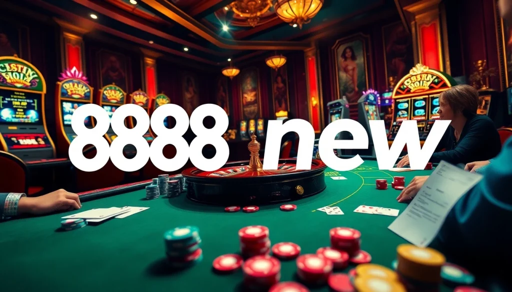The vibrant casino scene showcases a thrilling game at 888new, featuring poker chips, cards, and a roulette wheel.