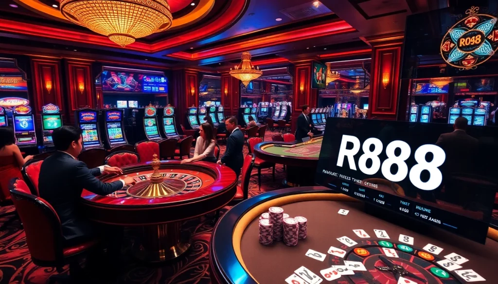 Experience high-stakes gaming at RR88 with vibrant casino tables and thrilling slot machines.