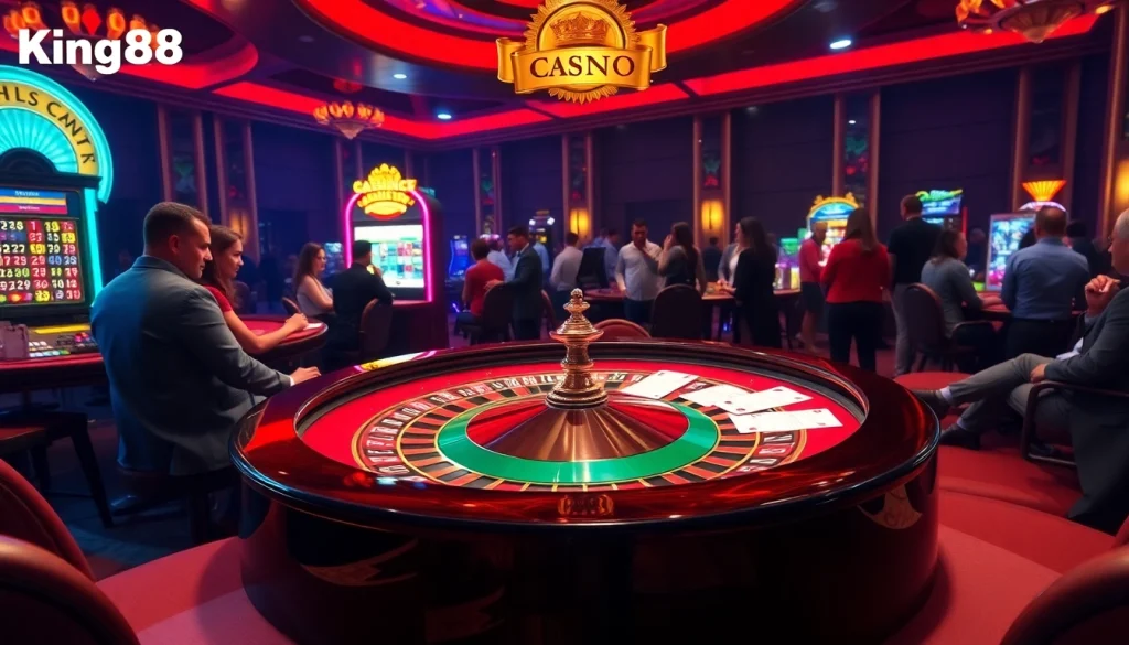Experience King88 excitement with a vibrant casino scene featuring roulette and poker action.