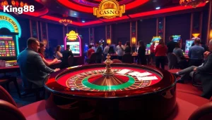 Experience King88 excitement with a vibrant casino scene featuring roulette and poker action.