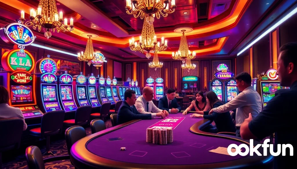 Experience the thrill of okfun in a luxurious casino setting filled with vibrant slot machines and poker action.