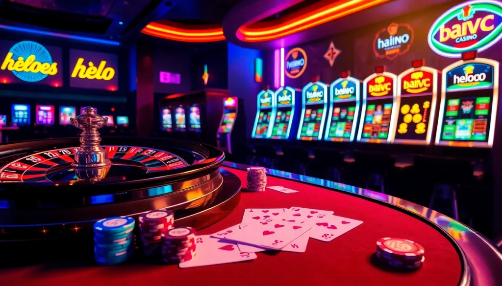 Experience the excitement of helo88 with vibrant slot machines and a roulette wheel at a luxurious casino.