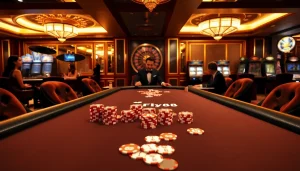 Experience the thrill of Fly88 at a luxurious poker table surrounded by excitement.