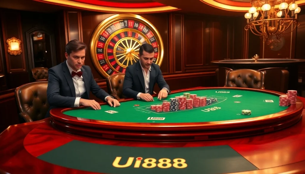 Winning at UU88 casino with vibrant poker chips and elegant players at the table.