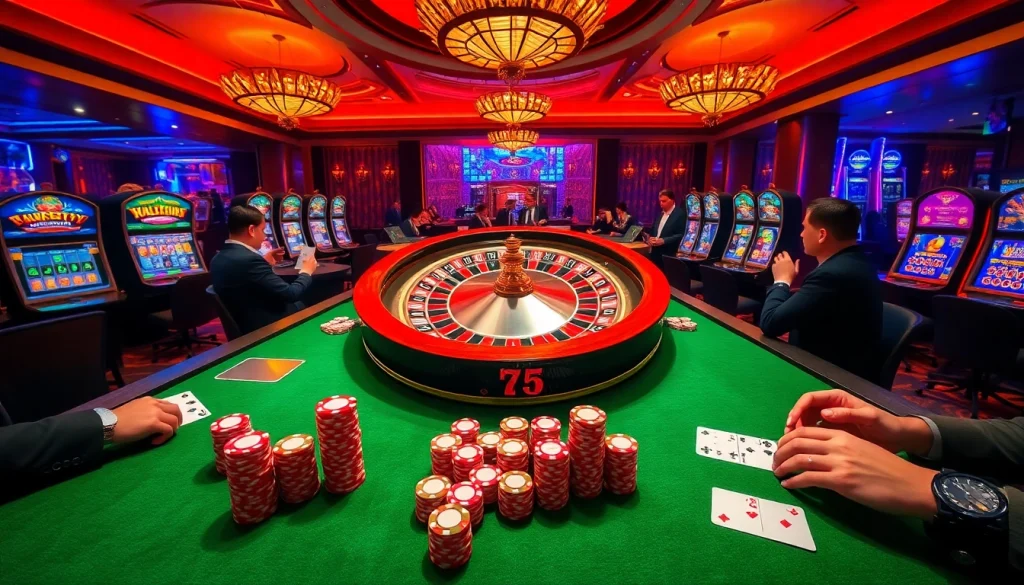 Players betting animatedly at the luxurious casino tables of go88hv.com, showcasing excitement and strategy.