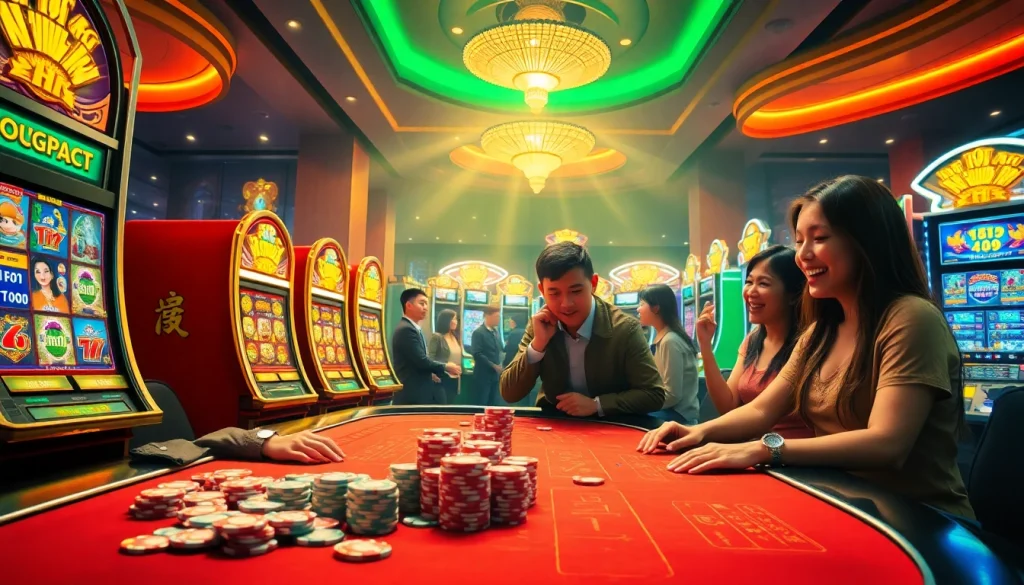 Nổ Hũ casino excitement with slot machines, vibrating poker chips, and enthusiastic players at gaming tables.