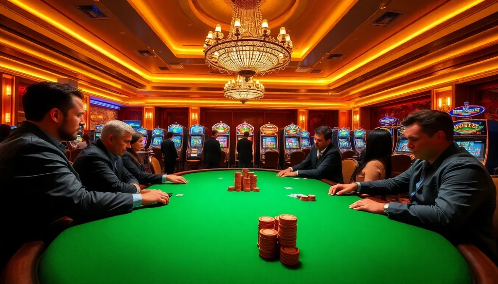 Engaged players at an Lc88 casino table showcase thrilling poker action with lavish decor.