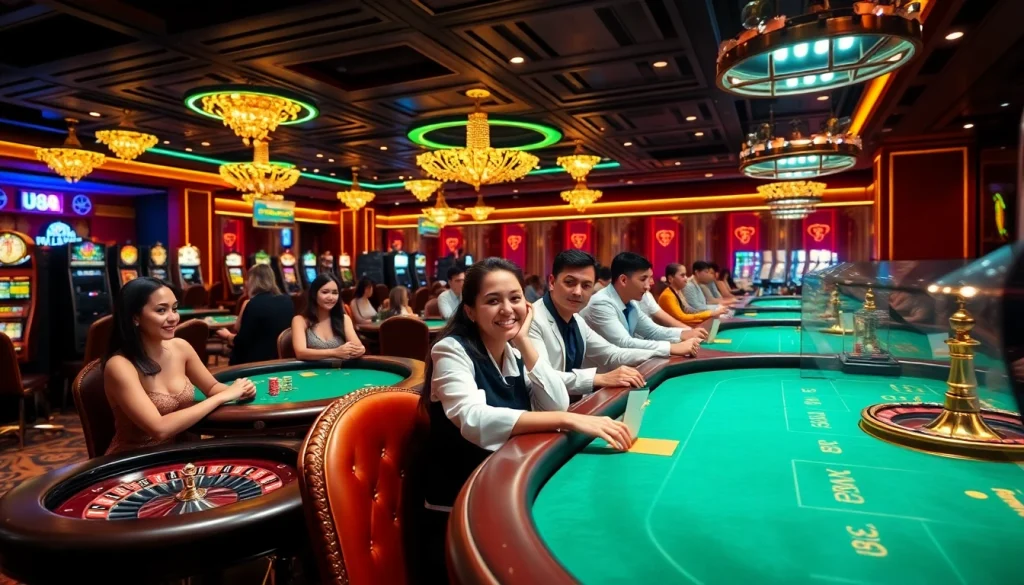 Players enjoying games at a luxury casino, u88-themed decor enhancing the excitement.