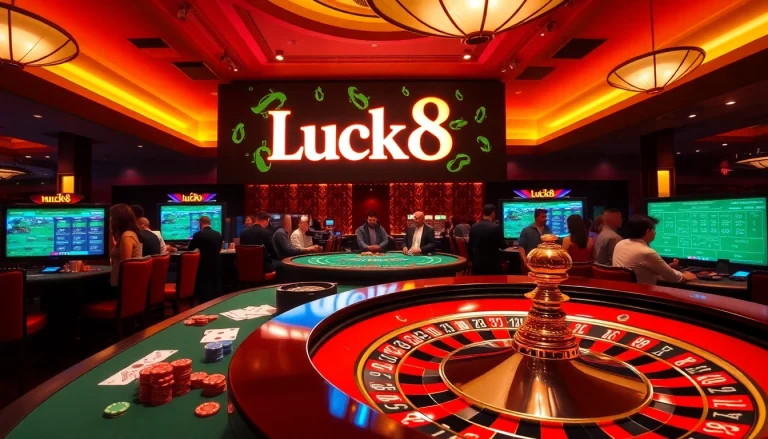 Engage in thrilling Play at the Luck8 casino table with poker chips and cards.