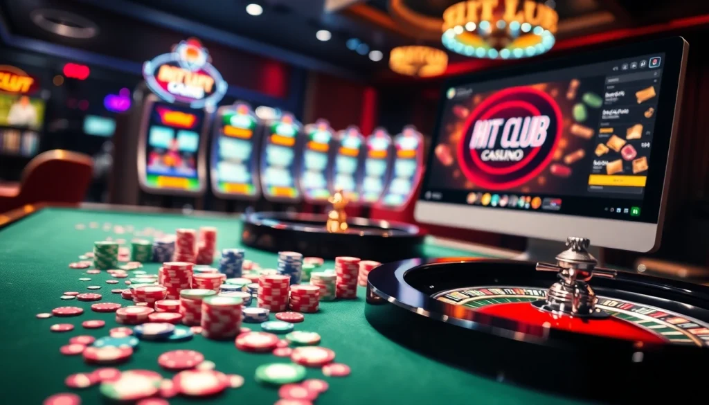 Engaging scene of a poker table and Hit Club online gambling interface highlighting link hitclub excitement.