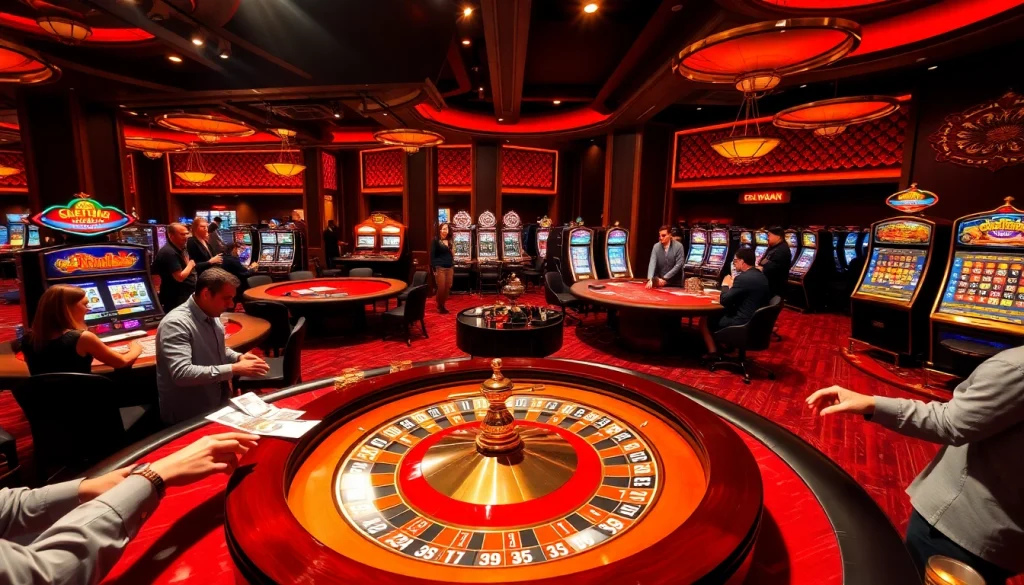 Players engaging in exciting gambling activities, including roulette and poker at a vibrant casino, showcasing the essence of ok.