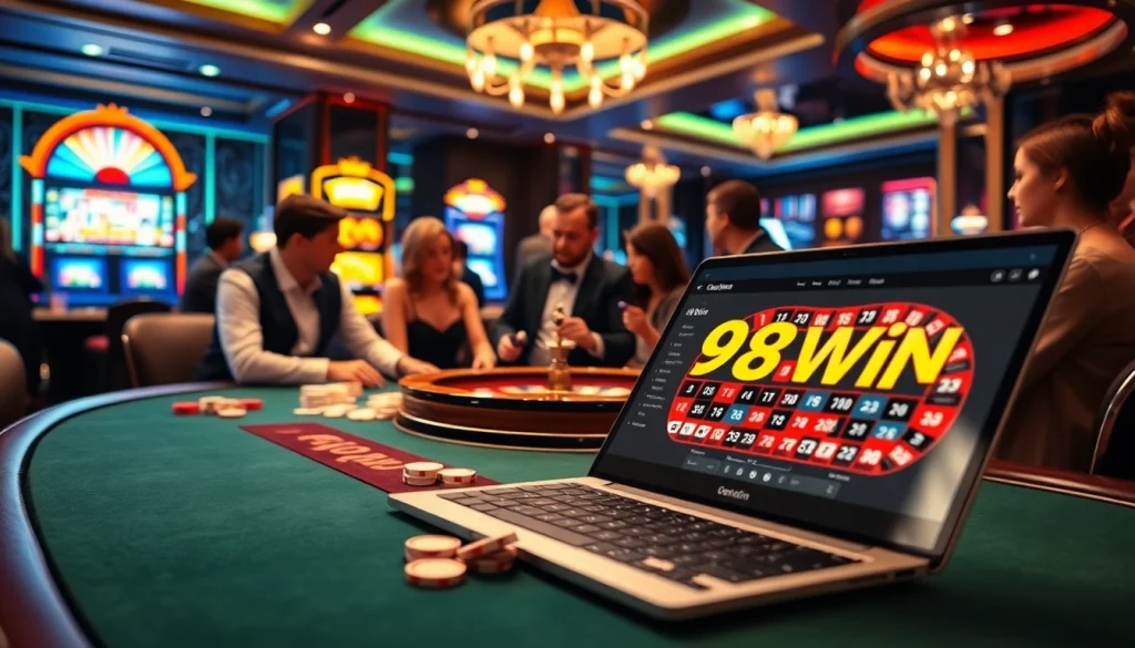 Gamblers experiencing the thrill of 98win at a modern casino table with vibrant decor.