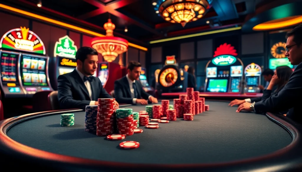 Engage with the thrill of poker at thabet77, showcasing colorful chips and an exciting casino atmosphere.