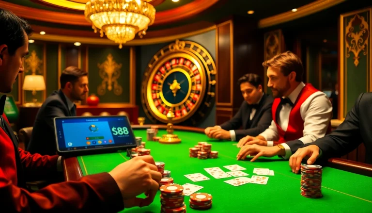 Engaging players at a luxury gk88 casino table with vibrant chips and cards.