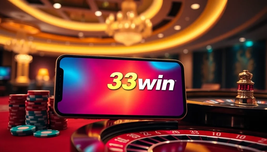 Tải 33win app interface surrounded by chip stacks and roulette wheel in a luxurious casino setting.