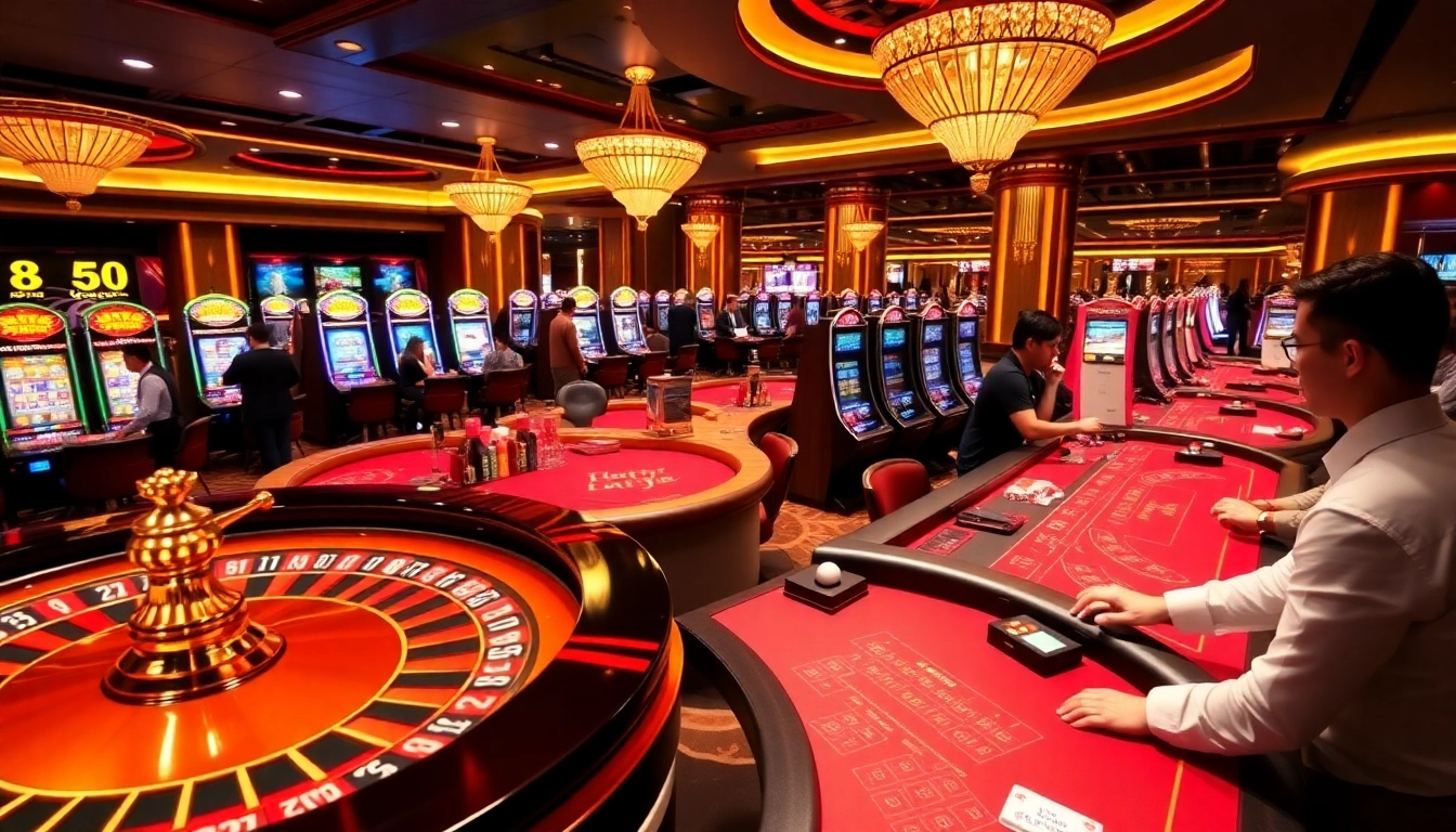 Players enjoying a thrilling game at 88vv casino with vibrant tables and roulette wheels.