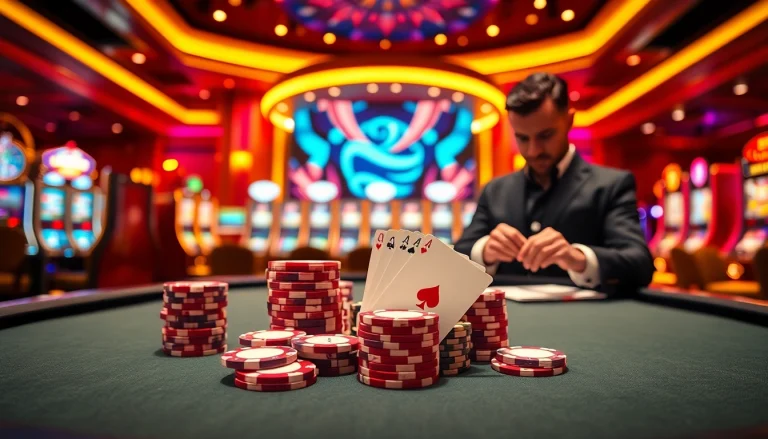 Experience the thrill of high-stakes poker with KJC at https://kjcpro.it.com/, showcasing a luxurious casino scene.