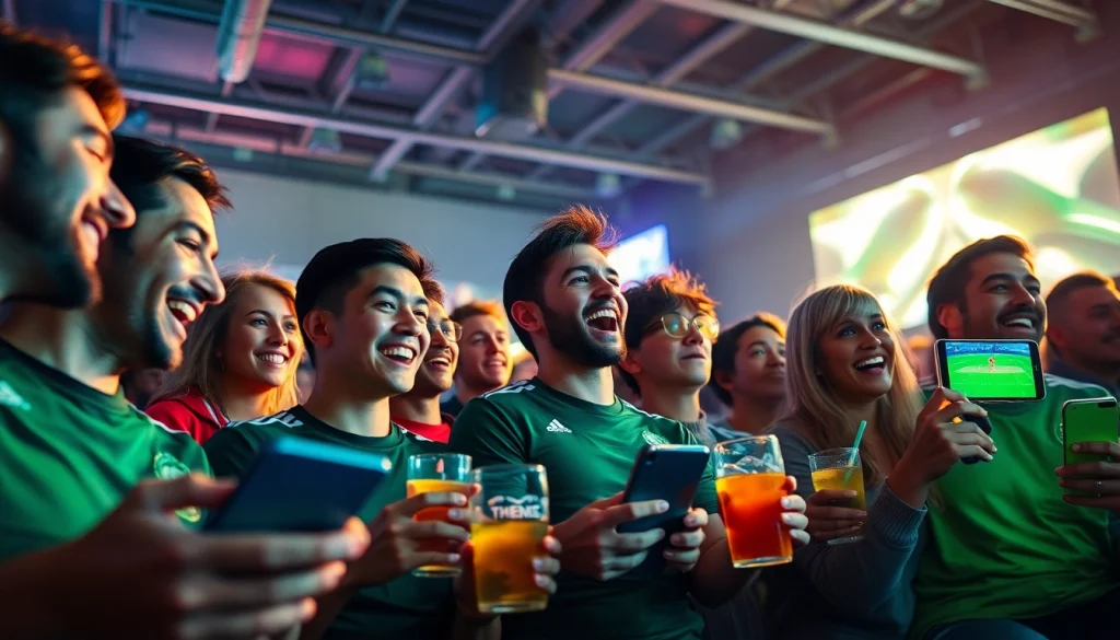 Excited football fans enjoying live matches on devices, showcasing https://vaoluoitv.it.com's vibrant viewing experience.