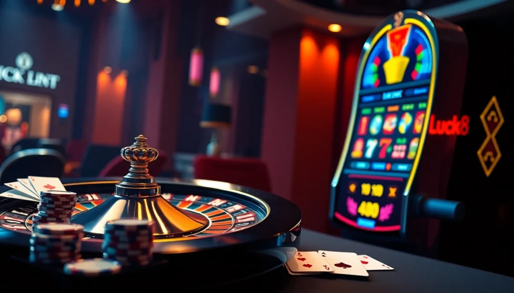 Luck8 casino scene featuring vibrant roulette and slot machines with high-stakes excitement.