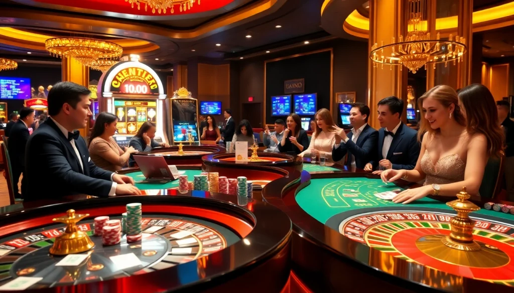 Exciting gaming atmosphere at https://okfunb.com/ showcasing roulette tables and poker players.