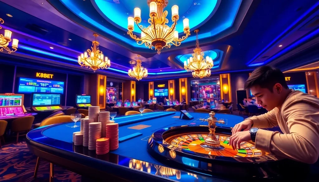 K8BET gaming table with vibrant chips and roulette wheel in a luxurious casino setting.