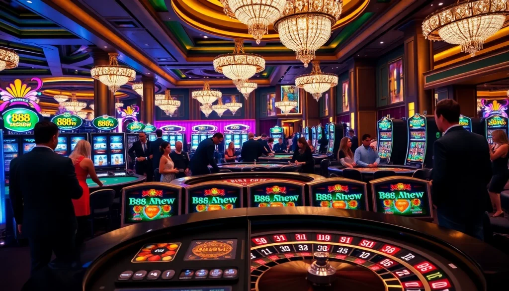 Exciting gambling scene at 888new casino with players enjoying roulette and slot machines.
