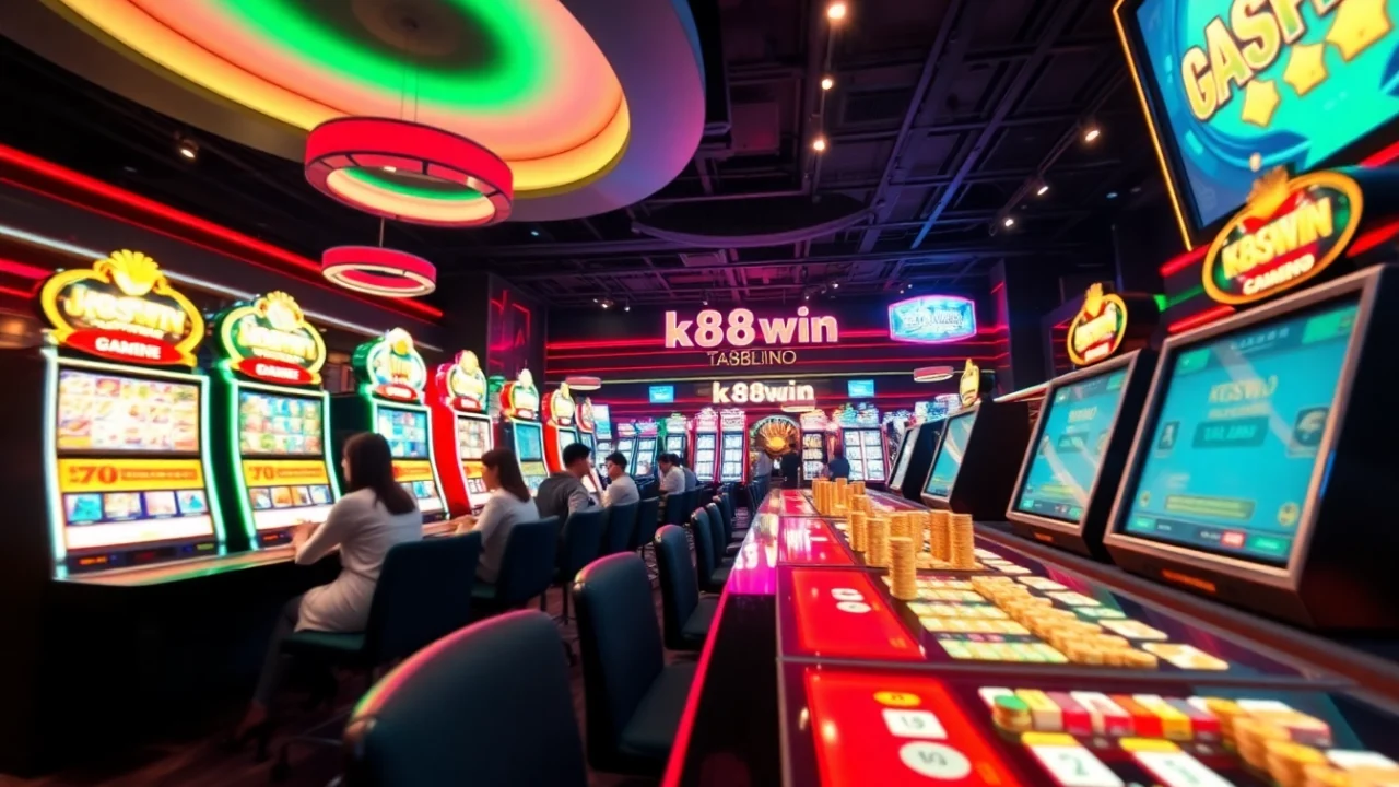 Engaging k88win gaming scene with players at modern casino tables and interactive interfaces.