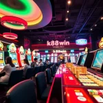 Engaging k88win gaming scene with players at modern casino tables and interactive interfaces.