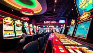 Engaging k88win gaming scene with players at modern casino tables and interactive interfaces.